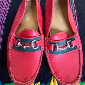 Gucci Red Leather Loafers with Green Web and Silver Horsebit